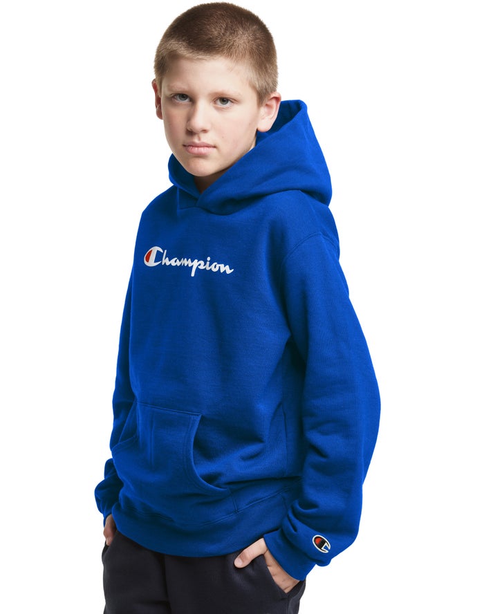 Champion Boys Hoodie NZ - Pullover Script Logo Blue ( 2357-GYULK )